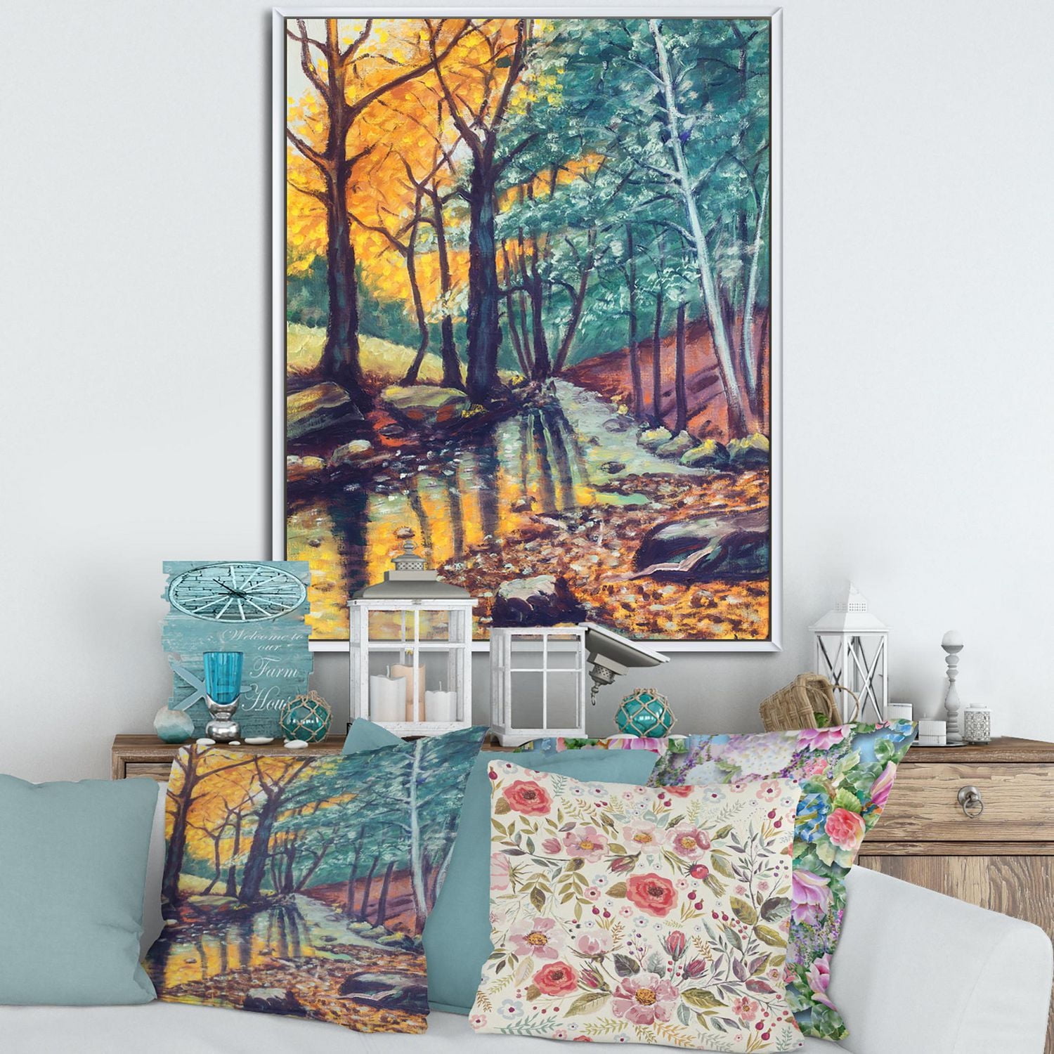 Designart Landscape With River In Autumn Forest Sunset FLOAT FRAME WALL ART