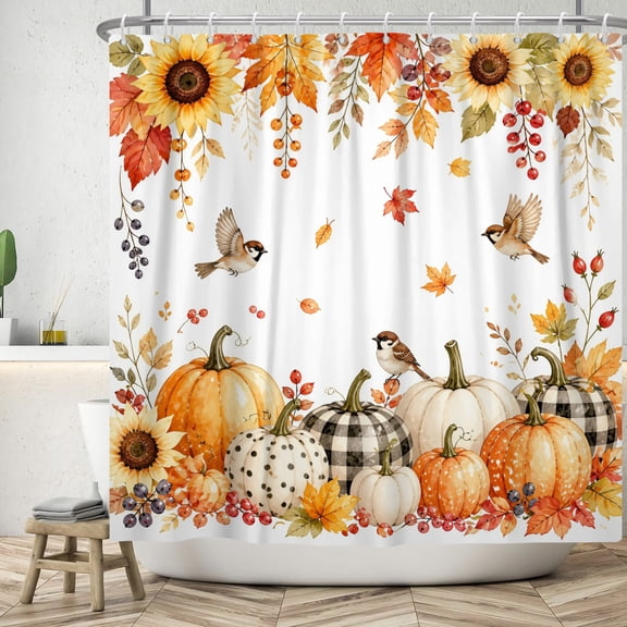 MIZHONA Fall Pumpkins Shower Curtain Autumn Thanksgiving Sunflowers with Birds Fabric Bathroom Curtains Decor with Hooks 72x72 in