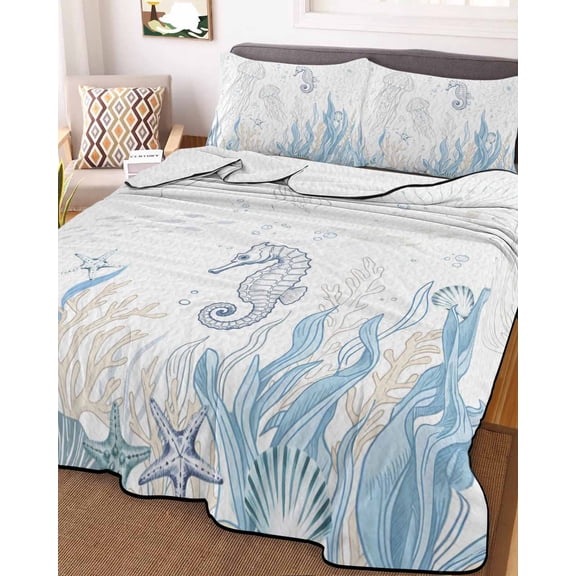 Seahorse Coastal Full Size Down Alternative Comforter, Lightweight Comforter Quilt Bedding Set with Pillow Shams Summer Beach Ocean Nautical Coral All Seasons Bed Comforter Duvet Insert 78"x90"