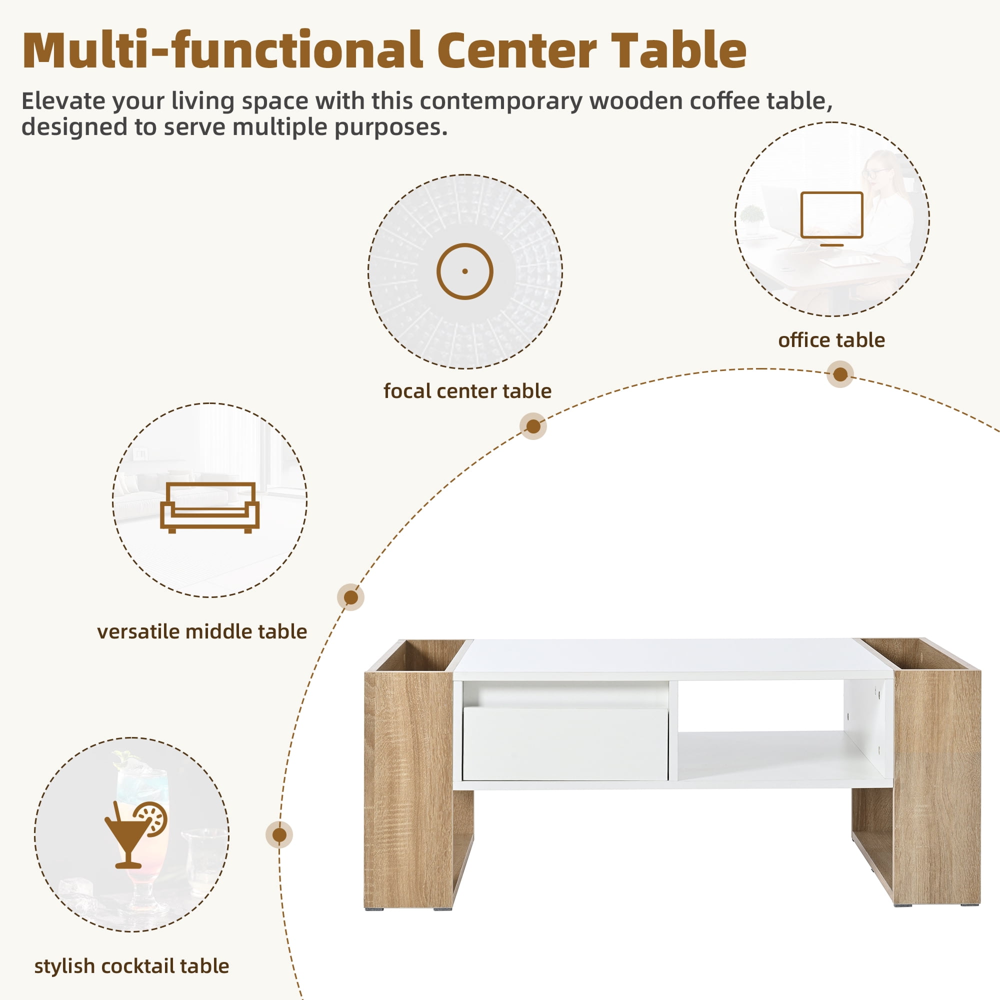 MAYEERTY High Glossy Coffee Table with 2 Drawers & Open Storage Shelf, Two-Tone Rectangle Center Table with Hidden Compartments, Modern Cocktail Table for Living Room, Bedroom, White, 41.3 x 23.6"