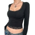 thumbnail image 2 of Womens Long Sleeve Shirts Crop Tops Fall Fashion 2025 U- Neck Lace Bow-Knot Going Out Tees Y2k Clothes Black XS, 2 of 7
