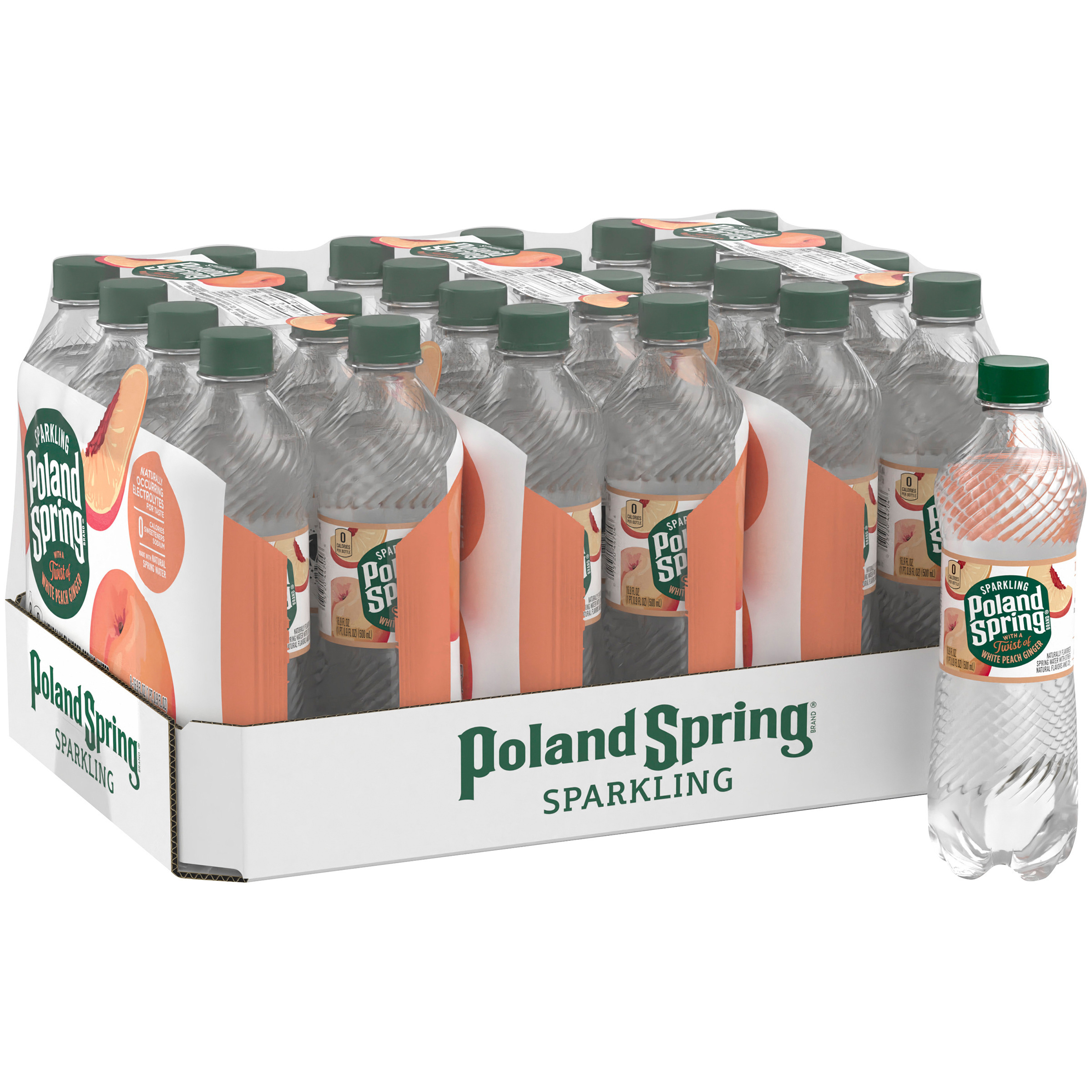 Poland Spring Sparkling Water, White Peach Ginger, 16.9 oz. Plastic Bottles (24 Count)