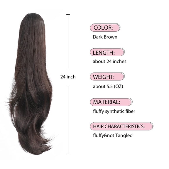 WEIF-Ponytail Extension,24" Dark Brown Claw Clip Hair Extensions for Women Straight Hair Piece Synthetic Wavy Pony Tail Halloween Fluffy Daily Use