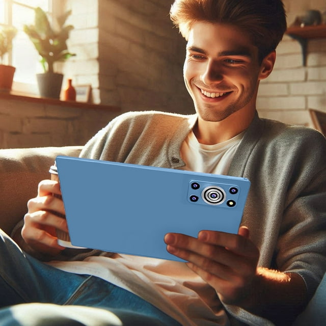 tabletas de 10,1 pulgadas android 13, tableta pc, pantalla hd, bluetooth, wifi 2,4g/5g, tableta con teclado inalámbrico, ratón, lápiz de pantalla, compatible con comunicación telefónica, tabletas pc d vista 3/4 trasera de la tableta metálica azul de 10.1" con módulo de cámara trasera visible y bisel delgado; sostenida con ambas manos en una sala iluminada, el set incluye teclado inalámbrico y mouse según especificaciones y es adecuada para navegación web, llamadas por SIM y multimedia; también suele usarse como lector o navegador de viaje.