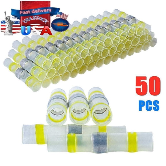 50PCS 12-10AWG Solder Seal Sleeve Heat Shrink Butt Wire Connectors Terminals US