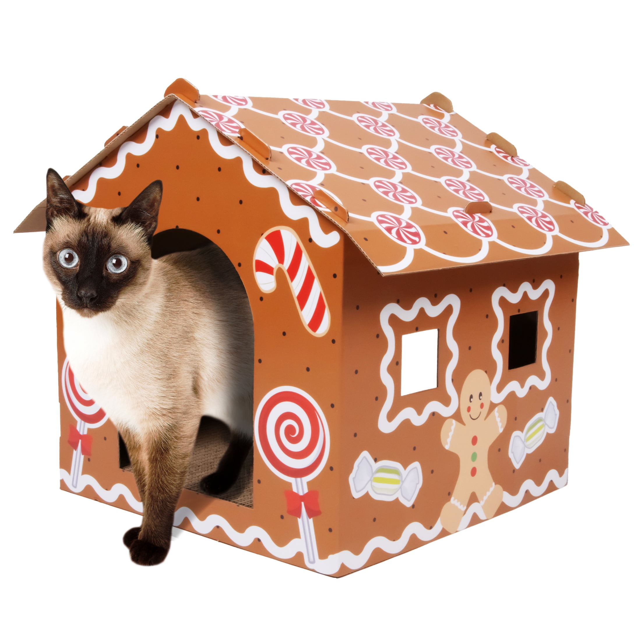 Kitty City Christmas Gingerbread Cardboard Cat House with Corrugate Scratching Pad, Brown, One Size