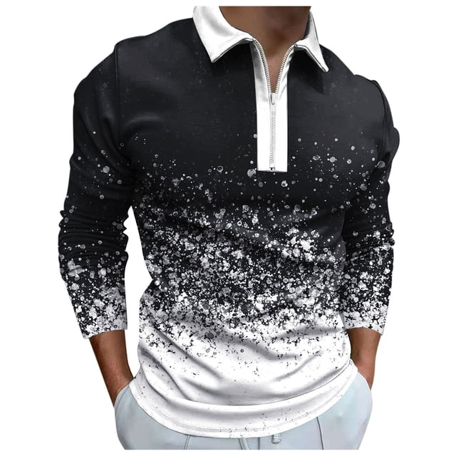 Gibobby Playera polo hombre Camiseta de manga larga con estampado Digital 3D y cremallera de solapa suelta a la para hombre(Negro,G)