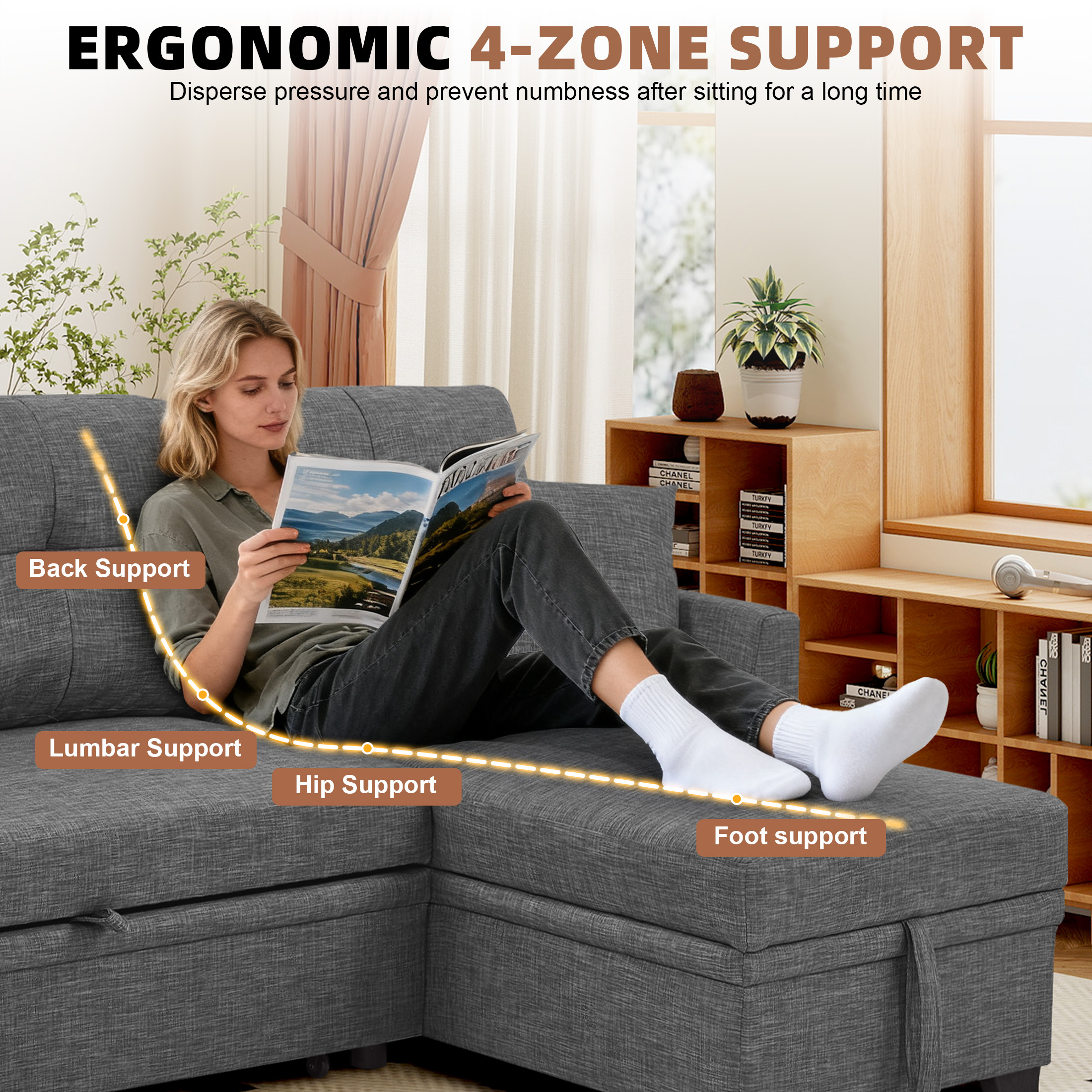 Aukfa Pull-Out Sleeper Sofa Bed with Storage Chaise, Reversible Loveseat for Living Room, Linen, Light Gray
