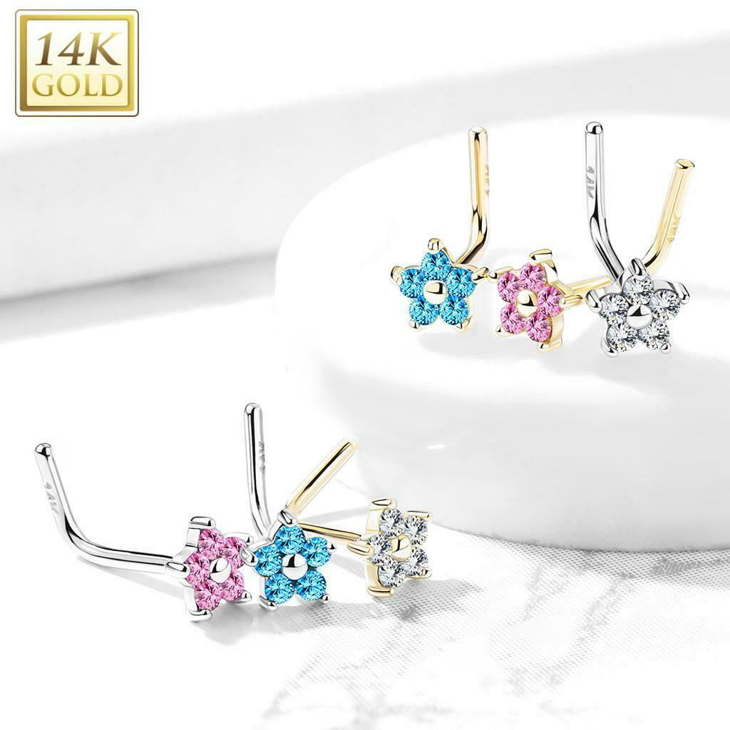 Nose Ring L-Bend with CZ Flower Top 14Kt Solid Gold 20g- Sold Each