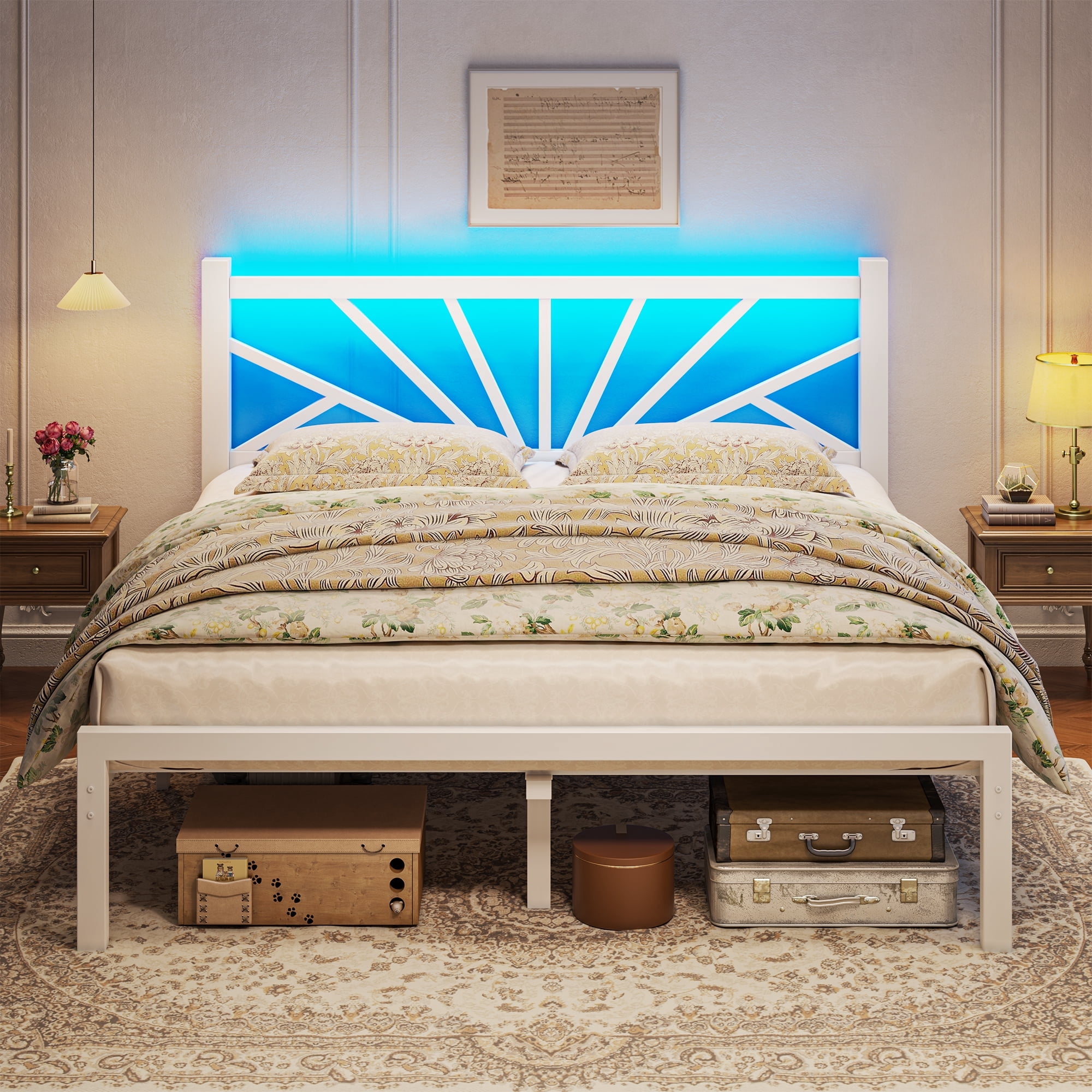 EnHomee Queen Size Metal Bed Frame with Headboard Metal Platform Bed Frame with LED Lights Bed Frame Queen with Storage Underbed, Noise Free, No Box Spring,White