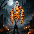 thumbnail image 4 of yboeqw Women Halloween Pumpkin Face Graphic Print Bodycon Mini Dress Oversized Flared Long Sleeve Gothic Witch Cosplay Party Costume Dresses Size M, 4 of 6