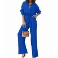 thumbnail image 2 of Women'S Solid Color Collared Blouse and High Waist Pants Two Piece Set Fashion Blue S, 2 of 9