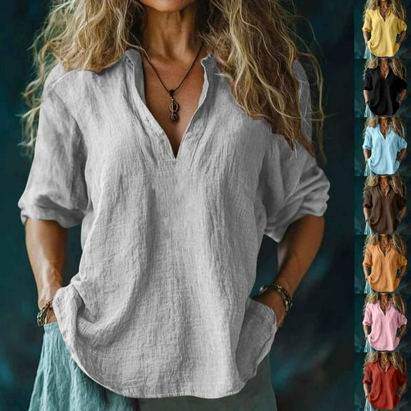 Fanxing Boho Linen Tunics Linen Shirt Women Loose Fitting 3/4 Sleeve Shirts Turn Down V Collar Summer Tops Flowy Linen Tunic for Curvy Figures Vacation S-2XL