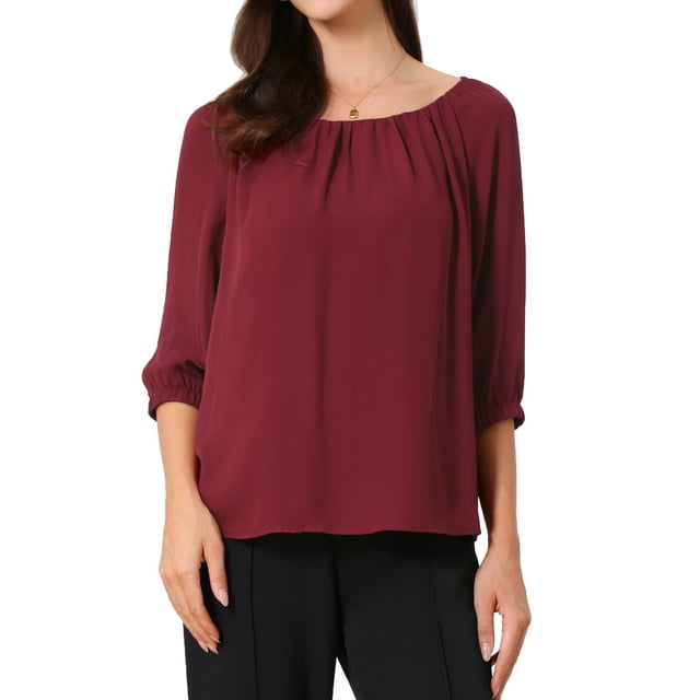 Camisas de trabajo INSPIRE CHIC para mujeres, blusas casuales elegantes de media manga con cuello redondo, XL color rojo vino
