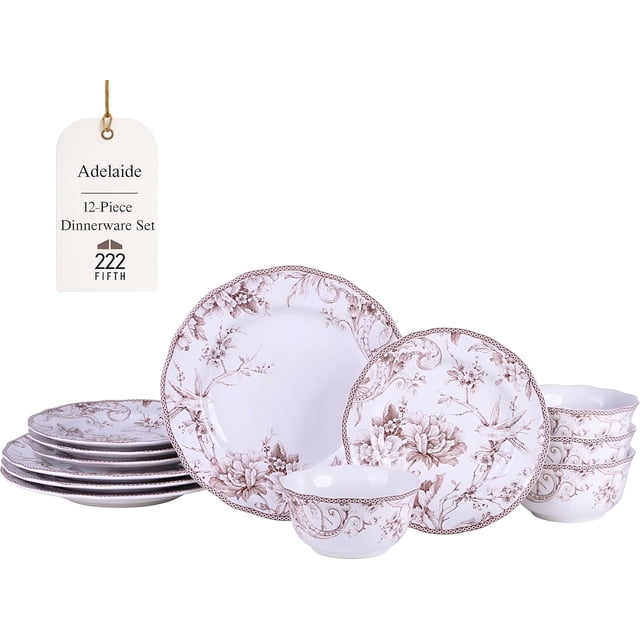 222 Fifth Adelaide Brown on White 12-Piece Dinnerware Set – Service for 4, Plate & Bowl Set,Durable Porcelain, Dishwasher Safe, for Everyday Dining & Entertainment