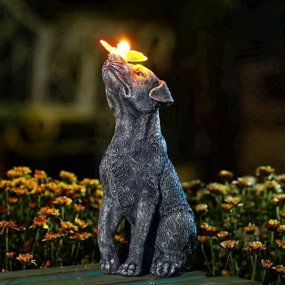 Solar Garden Statue Dog Figurine – Outdoor Decoration with Butterfly for Garden Yard Decor