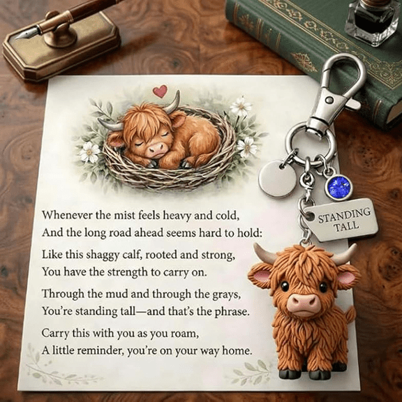 A Little Highland Cow For You Keychain - 3D Emotional Support Highland Cow Keychain Resin Charm, Personalized Birthstone Keychain Highland Cow Gifts for Friends