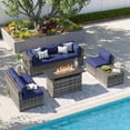 thumbnail image 5 of LazySunsets 8 Piece Patio Furniture Set with 44” Fire Pit Table Wicker Rattan Patio Conversation Set Outdoor Sectional Sofa Set with Coffee Table and Blue Cushions(Waterproof Cover Included), 5 of 9