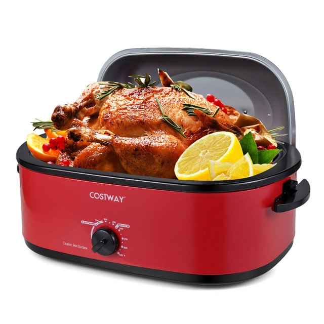 Costway 18QT Electric Roaster Oven with Self-Basting Lid, Removable Pan & Rack, Defrost Red