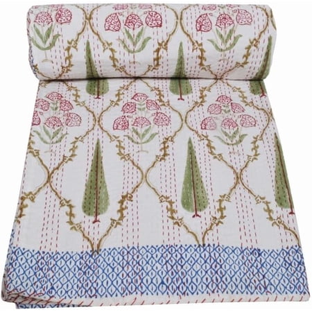 Indian Kantha Quilt Block Printed Kantha Blanket Cotton Kantha Bedspread Handmade Coverlet Throw Queen & Twin Size Kantha Bedcover (Multi 03, Twin(90x60))