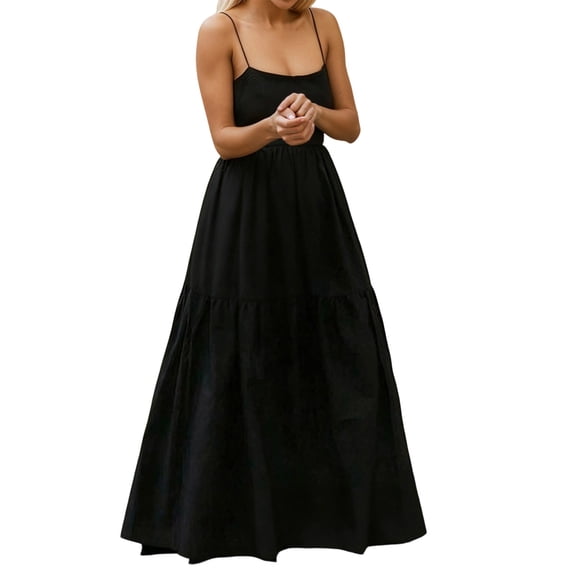 RUTAYY Women's Dress Backless Solid Color Square Collar Sleeveless Flowy Cinched Waist Party Evening Wear Relaxed Holiday Dresses