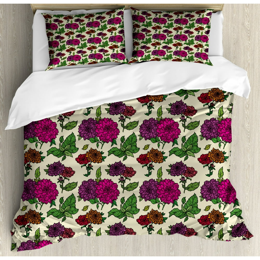 Dahlia Duvet Cover Set King Size, Floral Illustration in Vintage Style