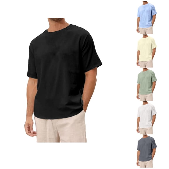 Ahuyic Mens Plus Size Top,Mens Summer Blouse,Mens Solid Color Casual Sports Linen Round Neck Short Sleeved T-shirt White XL