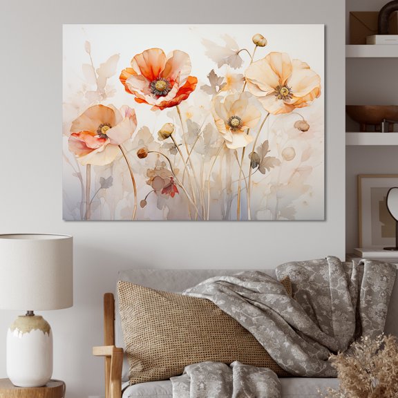 Designart "Melodic Beige Meadow Of Poppies IV" Poppies Wall Decor