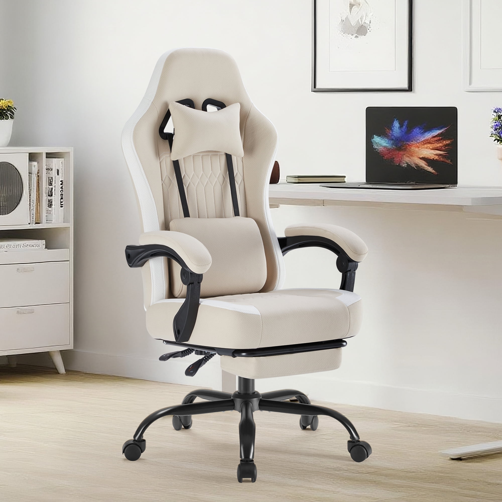 MCQ Computer Gaming Task Chair, High Back Ergonomic with Linkage Armrests, Footrest and Lumbar Support, 360° Swivel Wheels, Khaki