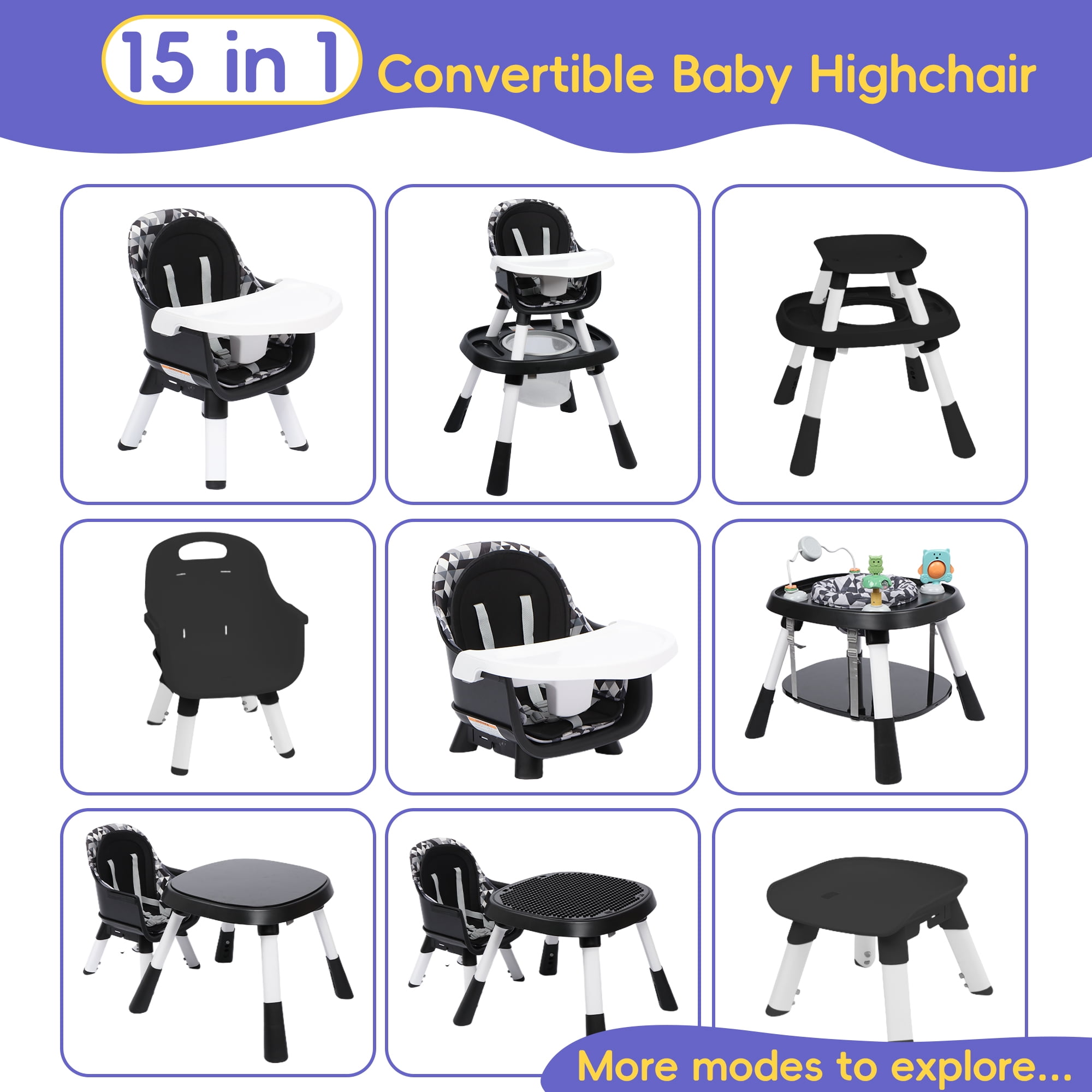 TOLEAD 15-in-1 Convertible High Chair, 2-in-1 Baby Highchair & Activity Center, Black