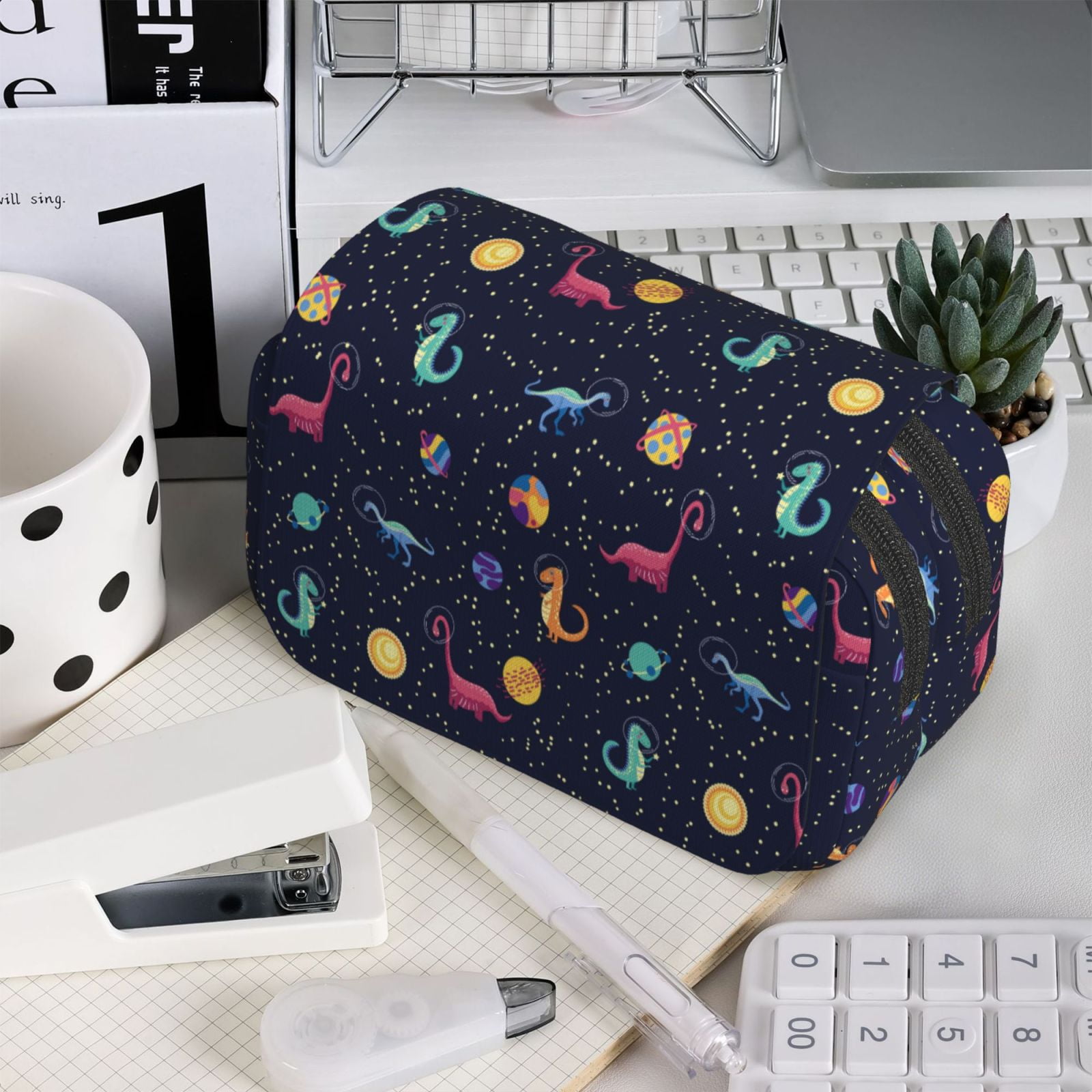 Rateoe Space Dinosaur Pattern Double Clamshell Pen Case, Storage Organizer with Two Zipper Compartments– Holds Up to 50 Pencils & Pens