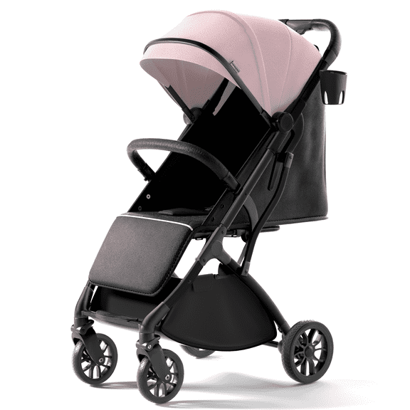newyoo GlideTow TR18M Baby Travel Stroller, Compact Lightweight Infant/Toddler Stroller with Luggage Handle, Cup Holder, One-Hand Easy Fold, Lay Flat Seat, Pink