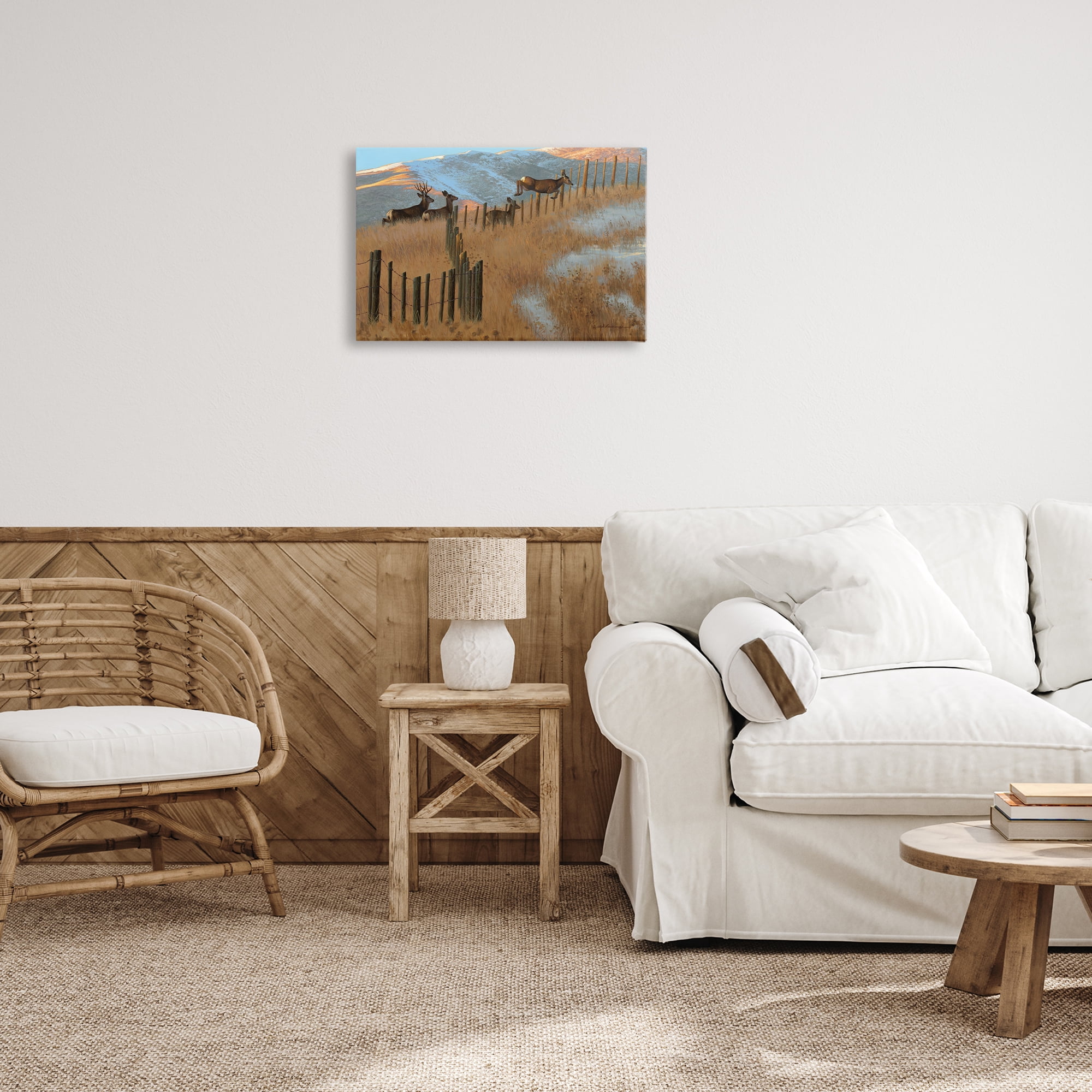 Stupell Industries Deer Jumping Country Fence Landscape & Nature Painting Wrapped Canvas Art Print Wall Art, 24 x 16