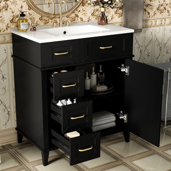 30-Inch Transitional Black Bathroom Vanity with Ceramic Sink and Soft Close Drawers Elevates Bathroom Style and Storage Capacity