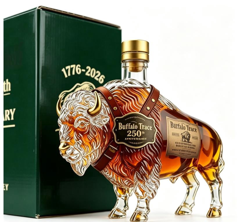 250th Anniversary 3D Bison Buffalo Shaped Glass Decanter, Hand Carved Spirit Liquor Bottle with Green Gift Box, Western Wildlife Bar Display Decor Gift for Bourbon Lovers