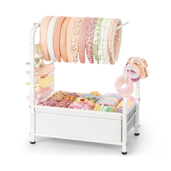 Olakee All-in-One Hair Accessory Organizer – Metal Headband Stand with Clip & Scrunchie Storage, Girls & Women, Modern, White