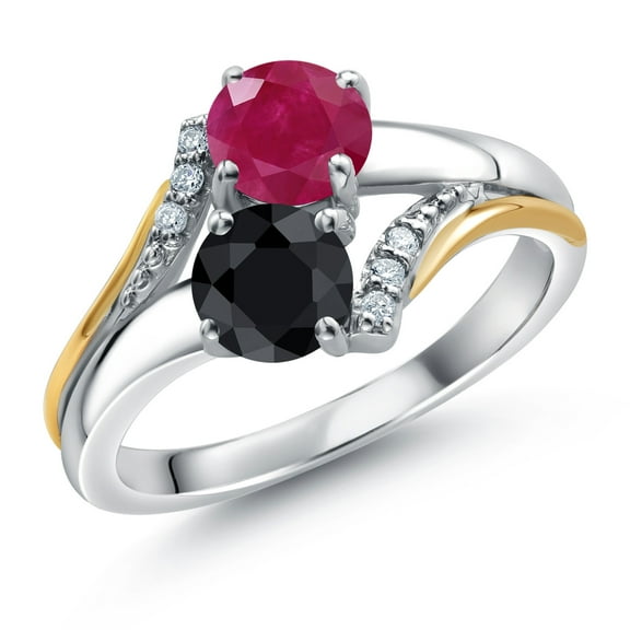 Gem Stone King 10K Yellow Gold and 925 Silver Black Sapphire and Red Ruby and White Lab Grown Diamond Accent Engagement Ring for Women (1.27 Cttw, Gemstone September Birthstone, Round 5MM, Size 8)