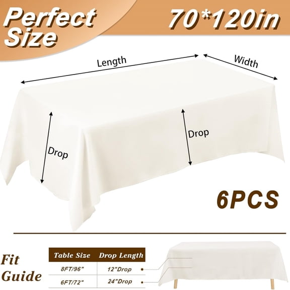 6 Pack Ivory Table Cloth, 70 x 120 Inch Polyester Fabric Tablecloths Rectangular, Table Covers 6-8ft for Party, Banquet, Dining, Wedding, Graduation
