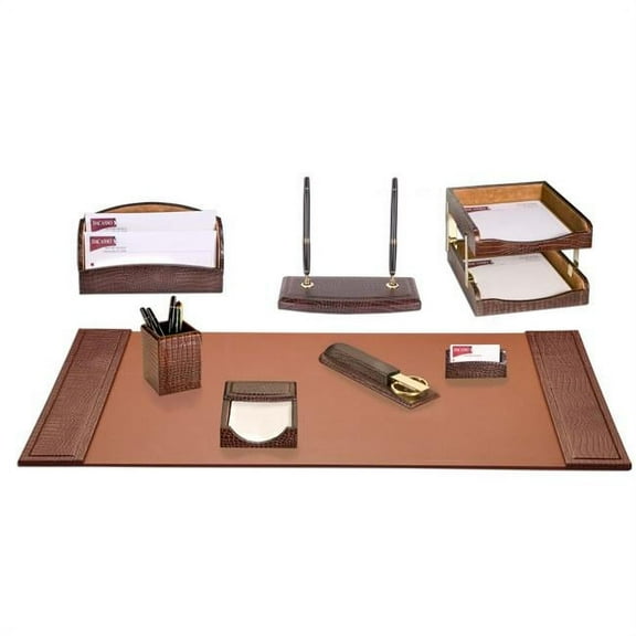 Brown Crocodile Embossed Leather 10-Piece Desk Set