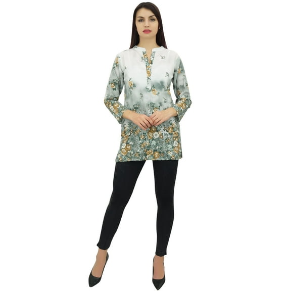 Phagun Women's White Floral Digital Printed Long Sleeve Tunic Casual Top - 4