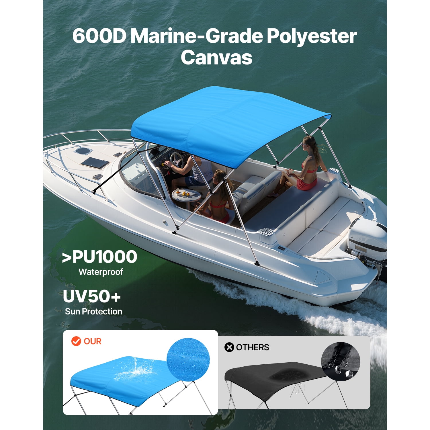 KFFKFF 3 Bow Marine Bimini Tops, 600D, Water-Resistant & Sun Protective with Carry Bag