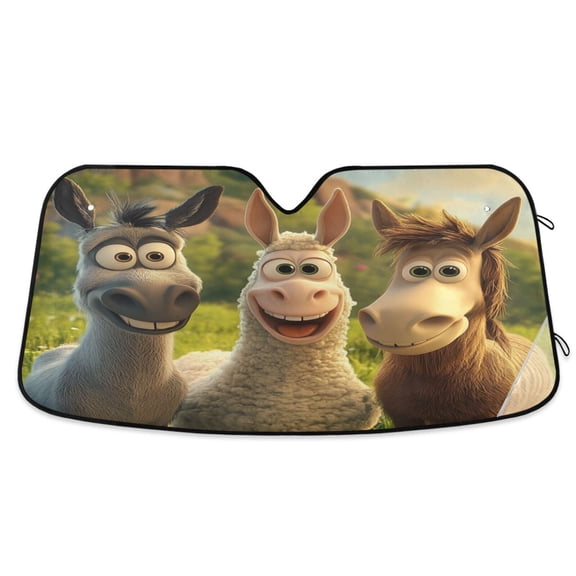 Windshield Sun Shade for Cars, 55"x27.6" Foldable Car Sun Shade with Aluminum Foil Bubble Heat Insulation, UV Protection for Sedan/SUV/Truck,A Donkey Sheep and Horse