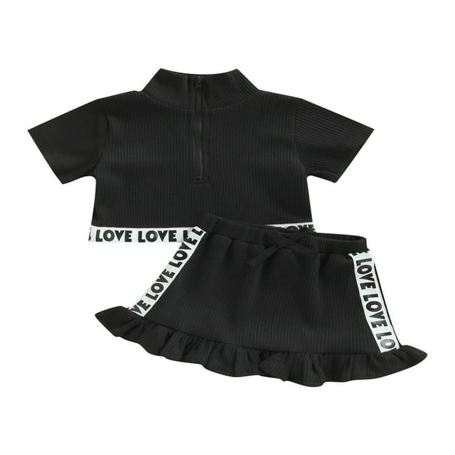Girl‘s Two-Piece Suit Toddler Kid Girl Letter Pattern Short Sleeve Front Zipper Tops + Ruffle Hem Mini Skirt