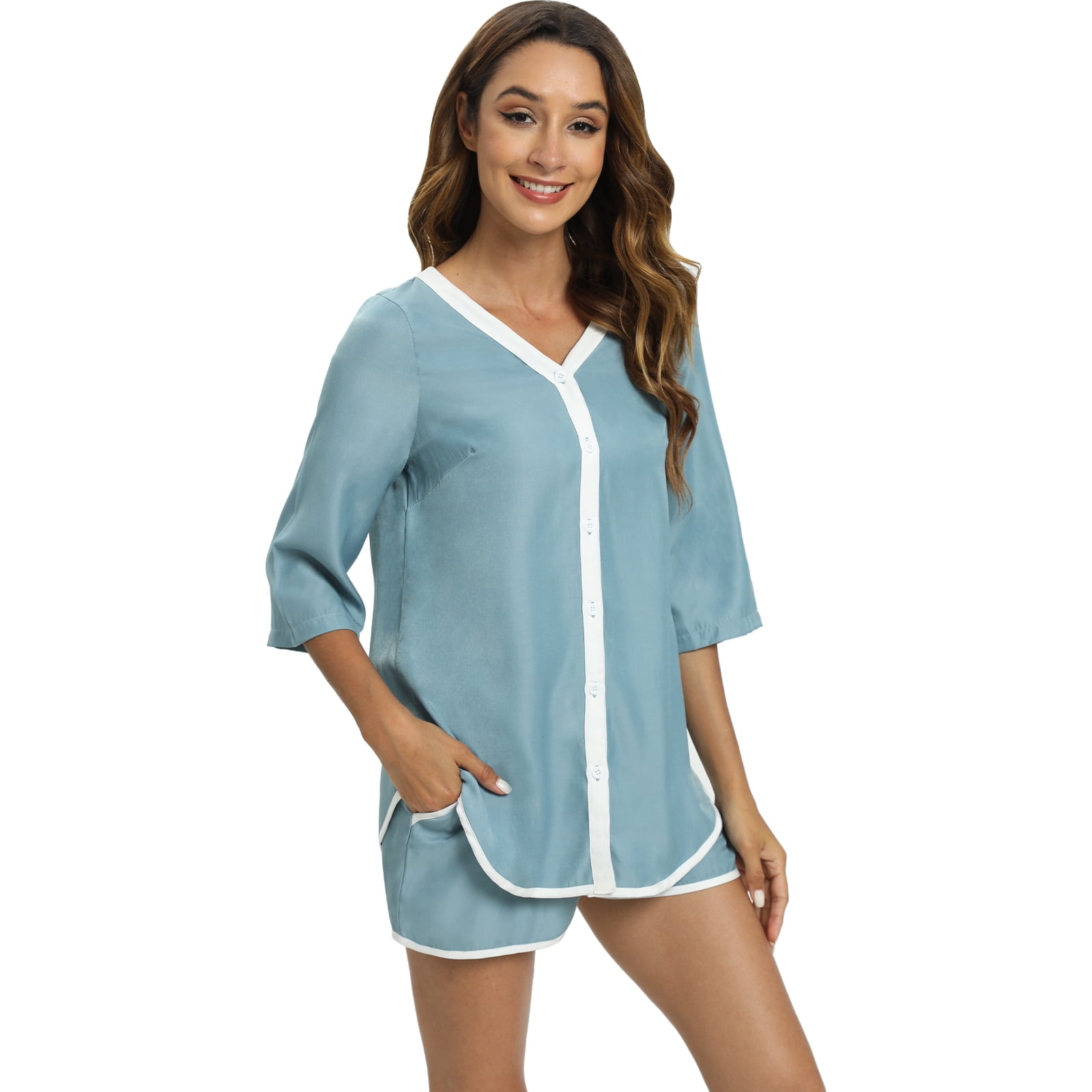 Baywell Women's Button Down Pajamas Set 3/4 Sleeve Tops Shorts V Neck