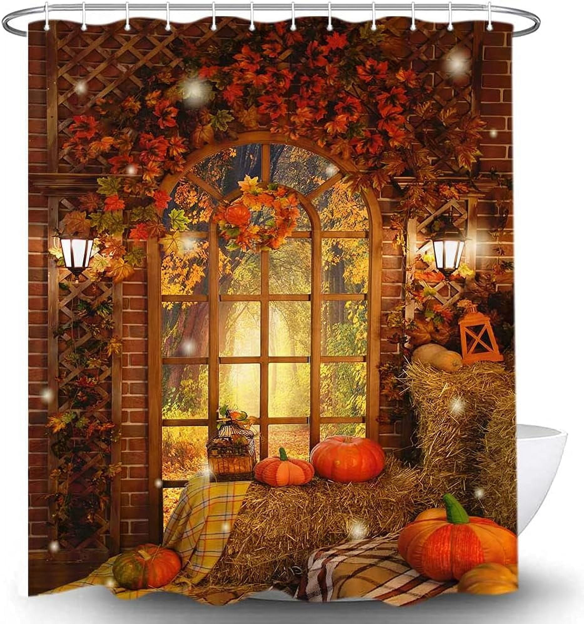 Harvest Pumkin Fall Shower Curtain Bathroom Sets, Thanksgiving Harvest Autumn Maple Leaf Fabric Bath Curtian, Fall Forest View Waterproof Shower Curtain Sets with Hooks 60 x 70 inch