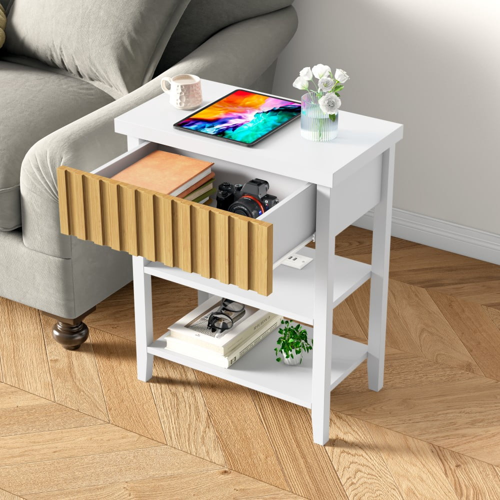 Fluted Nightstand with Charging Station, 2 USB Ports & 2 AC Outlets, Farmhouse Bedside Table with Drawer & 2 Open Shelves, White