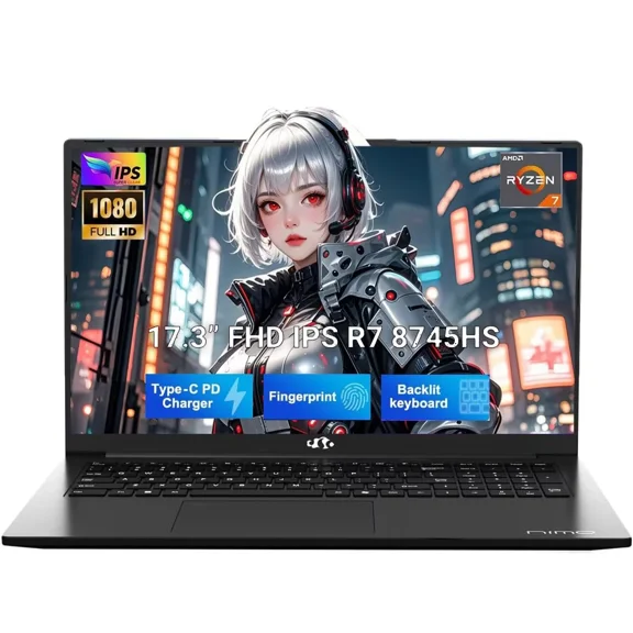 17.3" IPS FHD Gaming Laptop: 32GB DDR5 RAM, 1TB SSD, AMD Ryzen 7 8745HS, Radeon 780M Graphics. Features 100W USB-C, Backlit Keyboard, and Fingerprint Reader.