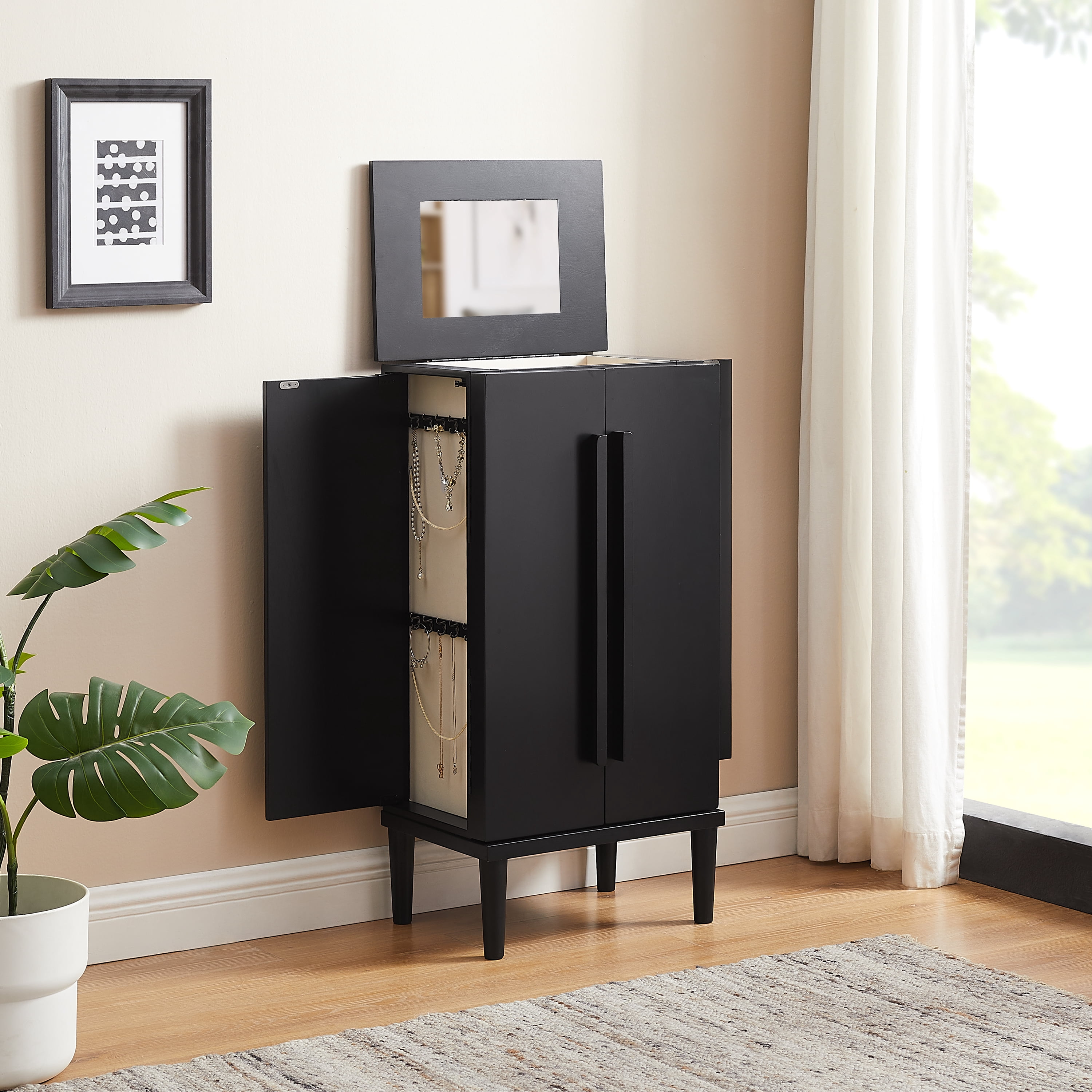 Powell Alicent Free Standing Jewelry Armoire with Hidden Mirror, Black