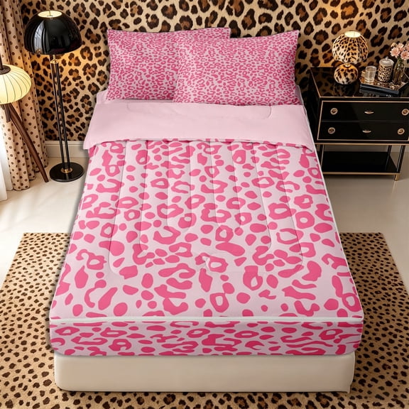 Meiyoeat Pastel Leopard Print Zipper Twin Comforter Sets with Fitted Sheet and 2 Pillowcases, Pink Cheetah Print Zipper Bedding Set, Light Pink,4-Piece,Pink Reversible
