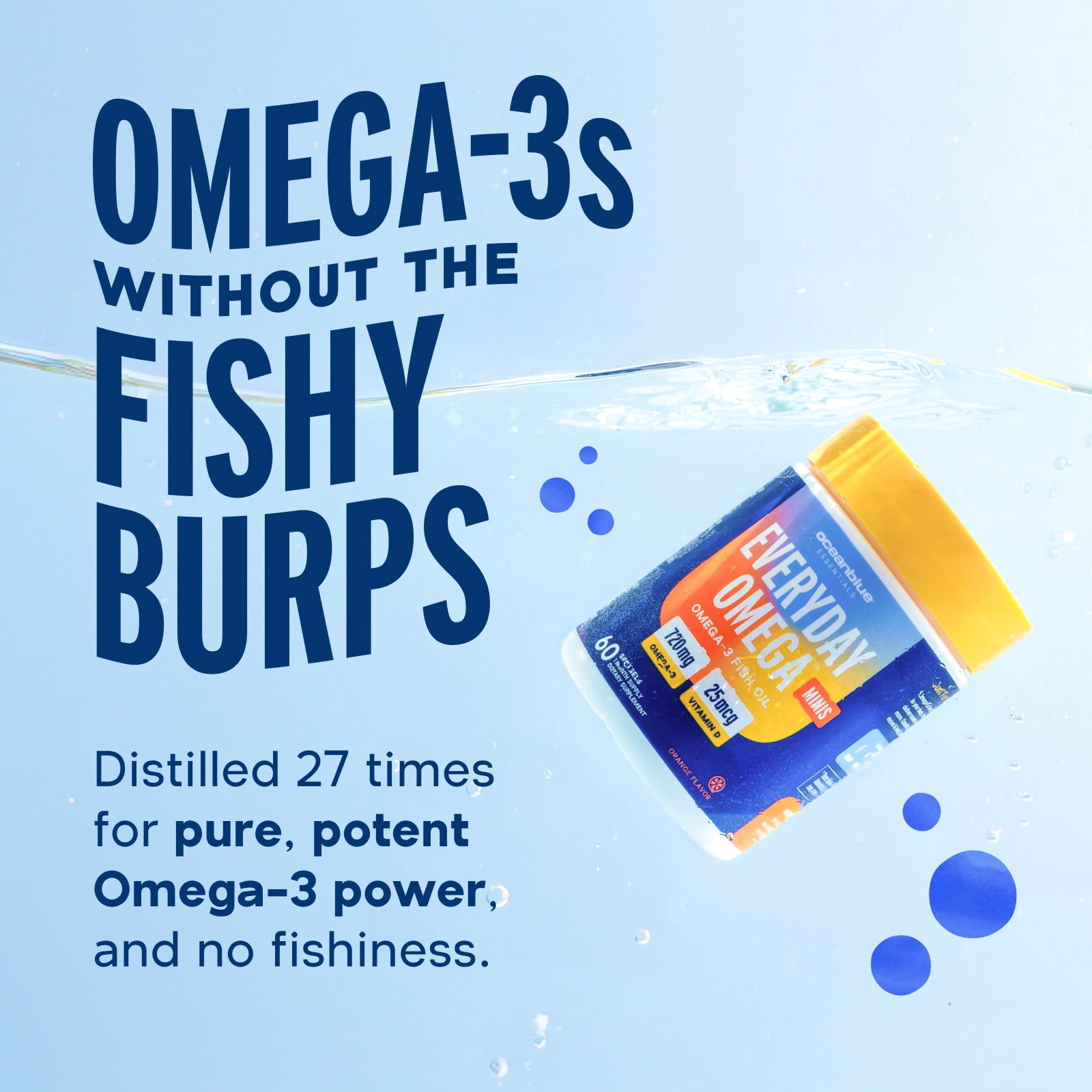 OceanBlue Essentials Omega Minis 180 Ct Fish Oil with Vitamin D3 for Heart, Immune & Cognitive Support, Orange Flavor, Burpless, Gluten & Lactose-Free